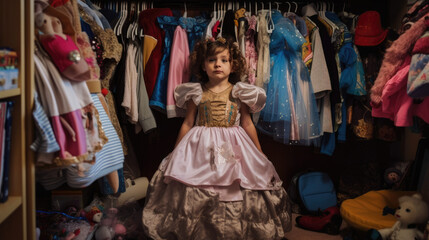 Fototapeta na wymiar a little girl dressed as a princess in front of her wardrobe full of princess dresses, 
