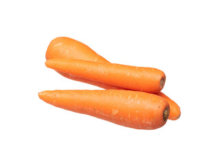 Three Carrot fresh full length fly in air. Beta Carotene orange color in Carrot is good health. Natural raw surface of carrot with root. White background isolated, high speed shutter