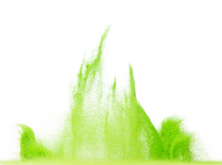 Small size green Sand flying explosion, vegetable sands grain wave explode. Abstract cloud fly. Green colored sand splash throwing in Air. White background Isolated high speed shutter, throwing freeze