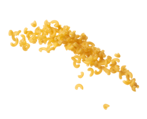 Macaroni flying explosion, yellow macaronis pasta float explode, abstract cloud fly. Curved macaroni pasta splash throwing in Air. White background Isolated high speed shutter, freeze motion