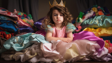 little girl dressed as a princess in front of her wardrobe full of princess dresses, generative ai illustration