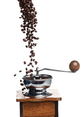 Coffee Grinder fly float in air, vintage Coffee mill for coffee bean to crush into ground powder over White background Isolated high speed shutter, freeze motion