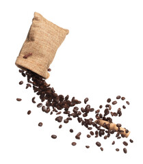 Coffee bean fall down pour in sack bag, Coffee seeds float explode, abstract cloud fly. Coffee...