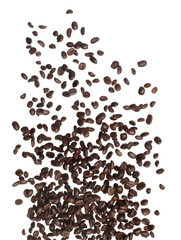 Coffee bean fall down pour in group, Coffee seeds float explode, abstract cloud fly. Coffee beans...