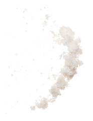 Crystal Salt flying explosion, flake white grain salts explode abstract cloud fly. Big size salt splash in air, food object element design. White background isolated high speed freeze motion