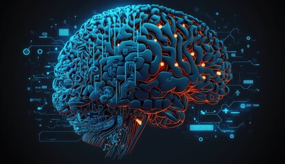 AI Artificial Intelligence Human Brain on Blue Background - Generative AI