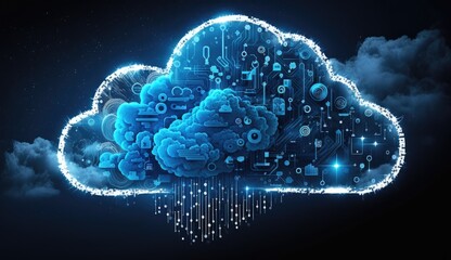 Digital Cloud Brain on a Blue Background - Generative AI