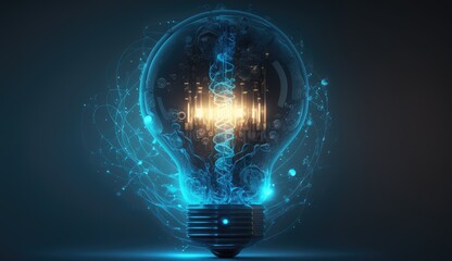 Illuminated Light Bulb on Dark Blue Background - Generative AI