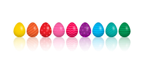 Easter egg in row, bright decor rainbow border, realistic collection with reflection. Holiday vector illustration