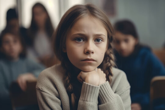 Unhappy girl with sad face expression looking at camera while sitting in classroom during lesson together with classmates, generative ai image.