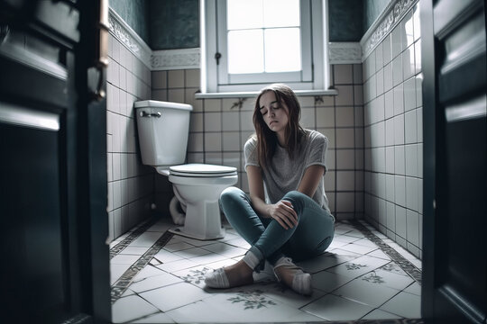 Depressed girl with a very sad face and a lost look sitting on the floor of a bathroom, generative ai image with blur background.