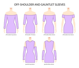 Set of Off-shoulder and gauntlet sleeves clothes long, short, elbow, 3-4 length technical fashion illustration with fitted body. Flat apparel template front side. Women, men unisex CAD mockup