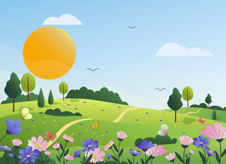 Landscape with flower fields and butterflies. Blue sky and sun, trees and flowers. Vector drawing in a flat style with gradients. Illustrations for banners, backgrounds, advertising, web pages and