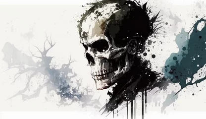 Papier Peint photo Crâne aquarelle Skull isolated on white background - watercolor style illustration background by Generative Ai 
