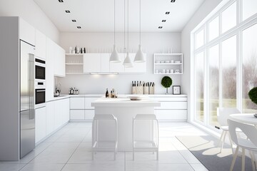 Luxury interior design of a snow white modern kitchen. Generative AI