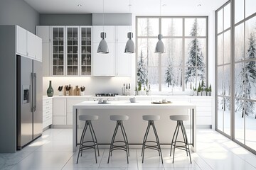 Luxury interior design of a snow white modern kitchen, winter season. Generative AI