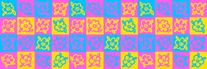 Colorful seamless pattern with neon squares and doodle flowers. Bright graphic design for surface, textiles, girlish wear, blanket, tablecloth, clothes, cover. Patchwork style. Vector illustration.
