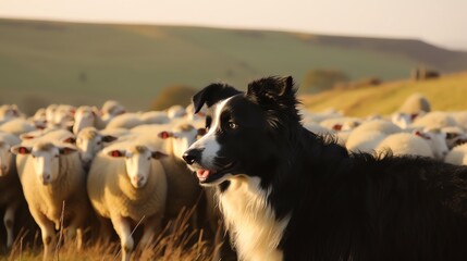 Border Collie herding sheep, farm dog, working dog, ai generative   - obrazy, fototapety, plakaty