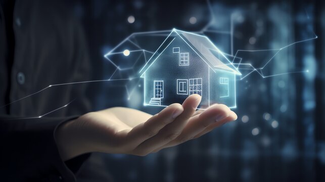 hand holding holographic house, realtor, real-estate, home buyer, ai generative 