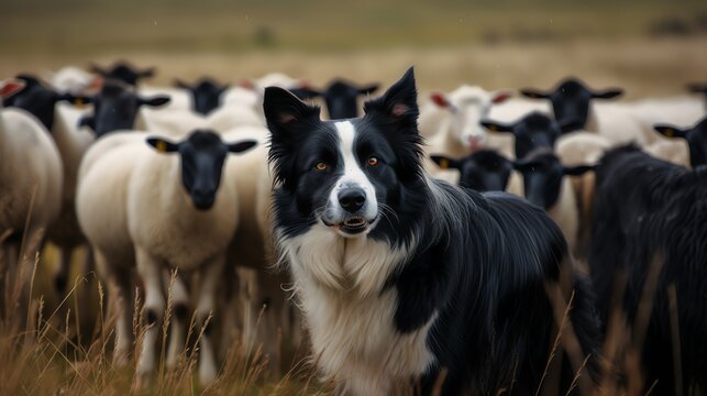 Border Collie Herding Sheep, Farm Dog, Working Dog, Ai Generative  