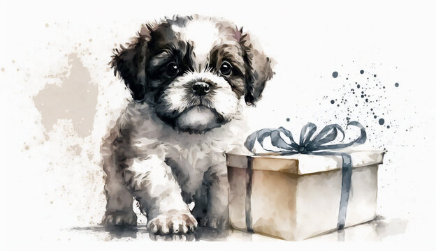 Super cute baby dog - watercolor style illustration background by Generative Ai