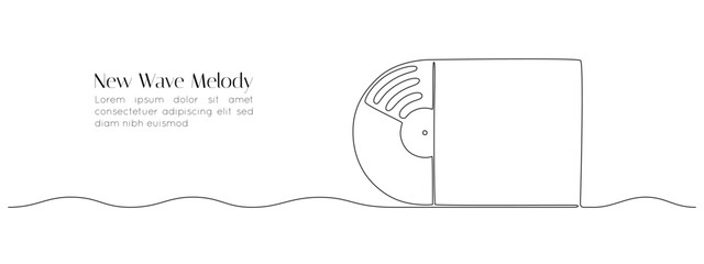 One continuous line drawing of Vinyl LP record. Vintage black disk and Retro sound album in simple linear style. Editable stroke. Doodle outline vector illustration