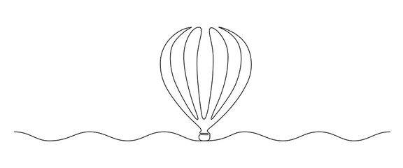 Hot air balloon in One continuous line drawing. Travel flying on aerostat in sky logo and divider concept in simple linear style. Editable stroke. Doodle vector illustration