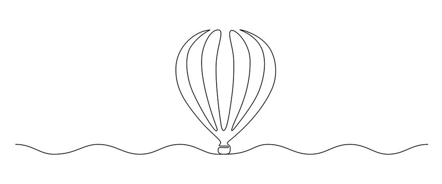 Hot air balloon in One continuous line drawing. Travel flying on aerostat in sky logo and divider concept in simple linear style. Editable stroke. Doodle vector illustration
