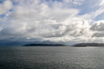 View of the mountainous coastline in the Straits of Magellan in southern Chile