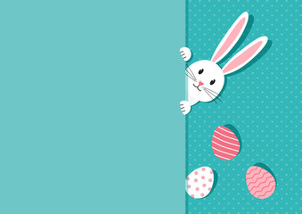 Easter bunny vector background, ears rabbir with eggs paper card, blue funny animal greeting poster. Spring holiday illustration