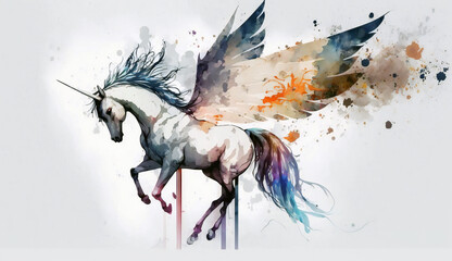 Unicorn with wings - watercolor style illustration background by Generative Ai