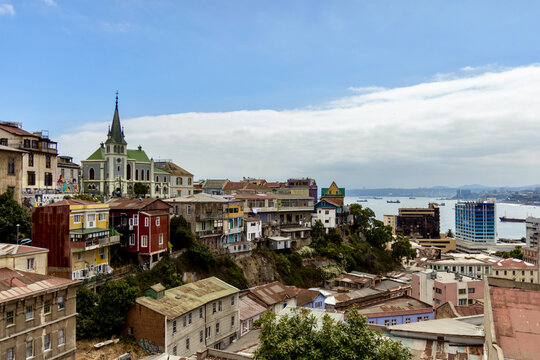 View of downtown Valparaiso and the Valparaiso Bay in Chile