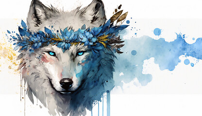 White Flower Wolf - watercolor style illustration background by Generative Ai
