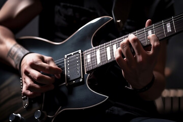 Fototapeta na wymiar Closeup of a guitar player on a concert, electric guitar, ai generative