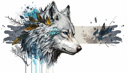 White Flower Wolf - watercolor style illustration background by Generative Ai
