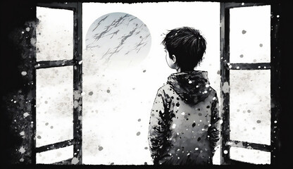 Child look at window  - watercolor style illustration background by Generative Ai
