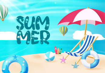 Summer vector design. Summer text in hot sunny beach background with umbrella and chair elements. Vector illustration summer background. 
