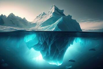Big iceberg over the blue sea surface background. Landscape and business metaphor concept. Digital art illustration theme. Generative AI - obrazy, fototapety, plakaty