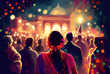 Indian crowd people in the Diwali the festival of lights in the night with candle lights fireworks and mosque background. Generative AI