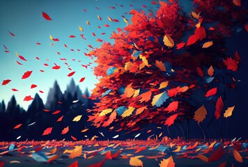 Red maple leaves in the wind with landscape background. Autumn and fall seasonal concept. Digital art illustration. Generative AI