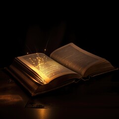 An old book with glowing lights in a dark background
