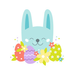 Easter bunny with decorated eggs and flowers. Holiday card design. Colorful flat vector illustration.