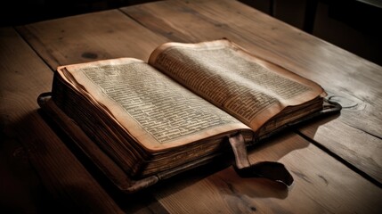 An ancient book of scripture resting on an old wooden table.