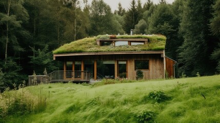 A wooden eco-friendly house in a lush green environment surrounded by grass