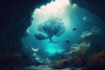 Obraz premium Deep sea and aquatic life with sunshine background. Digital art illustration. Marine life and undersea concept. Generative AI