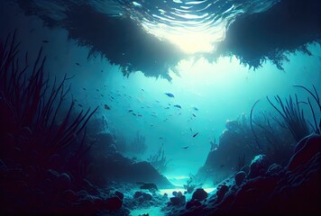 Obraz premium Deep sea and aquatic life with sunshine background. Digital art illustration. Marine life and undersea concept. Generative AI