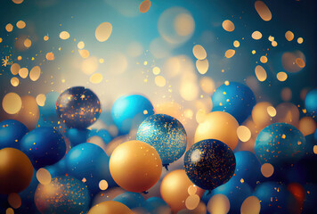 Fototapeta na wymiar Blue and gold balloons for New Year party celebration with confetti background.