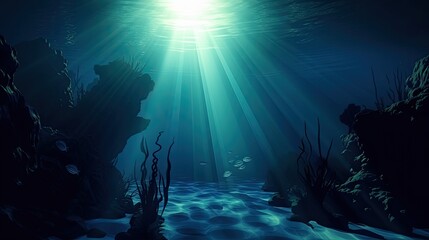 Fototapeta na wymiar A deep underwater abyss illuminated by a blue sun