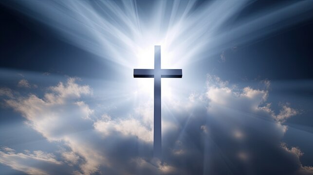 A bright cross-shaped light in the sky with Jesus ascending to Heaven