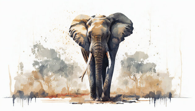 Elephant in savanna - watercolor style illustration background by Generative Ai